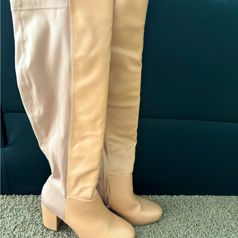 Allegra K nude knee high boots